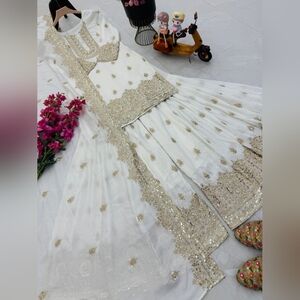 Wedding Indian Dress Sangeet Dress Elegant White and Gold Embroidered Dress
